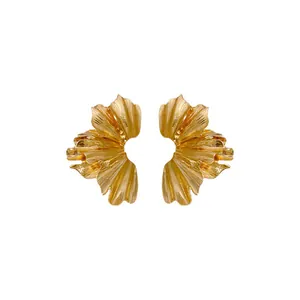 Exaggerated gold pleated fan-shaped metal flower stud earrings with a niche design style