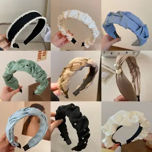 Elegant Handmade Ruched Fabric Headband For Women With Artificial Pearl Rhinestone High Top Fashion Korean Style Hair Accessory