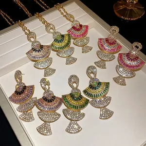 Vintage Luxury Alloy Rhinestone Fan Shaped Earrings Necklace Set With Silver Earring Post Elegant Women Jewelry Accessory