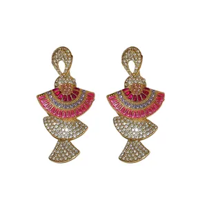 Vintage fan-shaped drop earrings with sparkling pink and white cubic zirconia