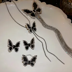 Personalized Alloy Rhinestone Butterfly Stud Earrings With Silver Earring Post Pleated Texture Jewelry Necklace Ring For Women