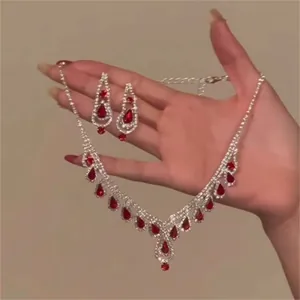 Luxury Copper Rhinestone Waterdrop Tassel Necklace And Earrings Set For Women Elegant Vintage Banquet Jewelry