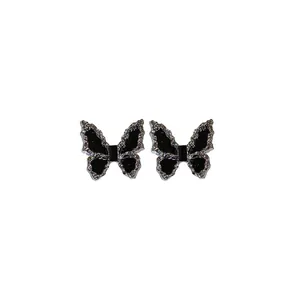 Gothic style black and silver butterfly stud earrings with sterling silver needles