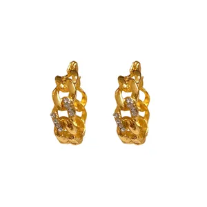 Elegant vintage gold hollow chain link hoop earrings with crystal diamond accents