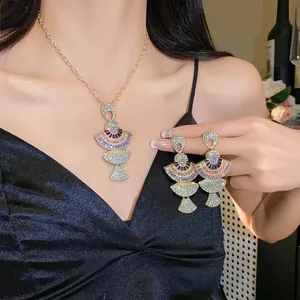 Detailed macro shot showing luxury vintage fan-shaped rhinestone necklace and earrings set for women