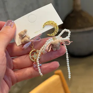 Sweet Cute Flocking Bear Bowknot Drop Earrings For Women 925 Sterling Silver Earring Post Artificial Pearl Rhinestone Moon Star Heart Pendant Jewelry
