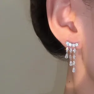Close-up of elegant silver-toned earrings with sparkling teardrop zirconia tassels.