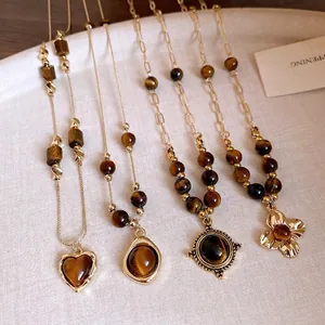 Vintage Tiger Eye Beaded Necklace Gold Plated Alloy Clavicle Chain French Retro Heart Round Flower Pendant Jewelry For Women