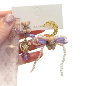 Sweet plush bear and pearl bow drop earrings with purple heart crystal charm for girls