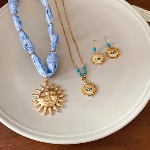 Retro Stainless Steel Fabric Paisley Sun Face Pendant Necklace For Women Gold Evil Eye Clavicle Chain Bohemian Jewelry
