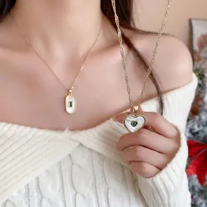Vintage Real Gold Plated Heart Oval Shell Pendant Necklace For Women Luxury Zirconia Mother Of Pearl Clavicle Chain Jewelry