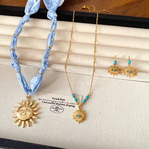 Vintage stainless steel sun face and evil eye necklace earring jewelry set accessory