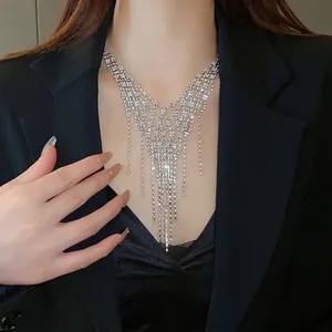 Geometric Tassel Necklace Copper Zirconia Sparkling Long Sweater Chain Jewelry For Women European American Fashion Style Necklaces Gift