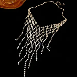 Elegant geometric tassel necklace with sparkling rhinestones in silver finish for women