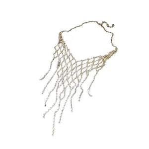 Sparkling rhinestone geometric fringe necklace with elegant tassel mesh design