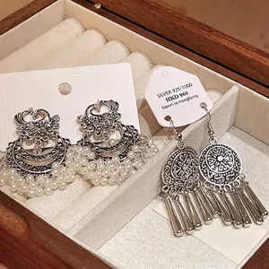 Vintage Ethnic Phoenix Round Tassel Drop Earrings Antique Silver Alloy Artificial Pearl Hollow Out Jewelry For Women