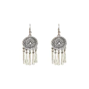 Bohemian vintage ethnic style silver round earrings with long metallic dangling tassels