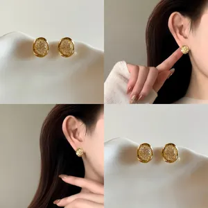 18k Gold Plated Zirconia Round Copper Clip-on Earrings For Women Elegant Geometric Mesh Weave Design Fashion Jewelry Gift