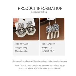 Detailed view of ethnic fringe earrings showing dimensions and alloy material specs