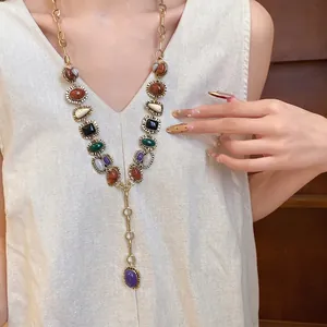 Retro Vintage Geometric Resin Necklace For Women Colorful Stone Pendant Electroplated Alloy Gold Chain Elegant Sweater Chain