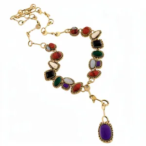 Elegant vintage geometric resin necklace with multi-color stones and gold settings