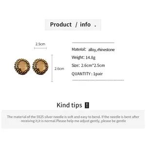 Vintage style circular flower earrings featuring amber rhinestones and S925 silver needles
