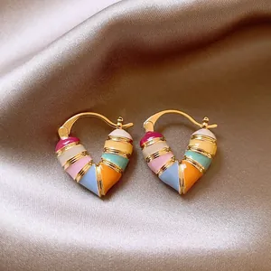 Simple Korean Style Multicolor Enamel Heart Geometric Ear Clips For Women Gold Plated Copper Fashion Earrings Jewelry Accessories