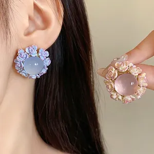 Vintage Sweet Resin Flower Round Stud Earrings For Women Forest Style 925 Sterling Silver Earring Post Elegant Handmade Jewelry