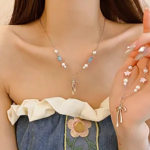 Korean Style Sweet Alloy Bow Star Artificial Pearl Pendant Necklace Silver Color Clavicle Chain For Women Jewelry
