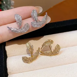 Elegant sparkling zircon leaf stud earrings in 18k gold and silver plating for women