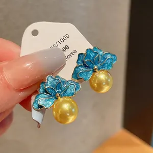 Orecchini a Bottone a Fiore in Smalto Blu Vintage Con Perno in Argento Sterling 925 Perla Artificiale Oro Donna