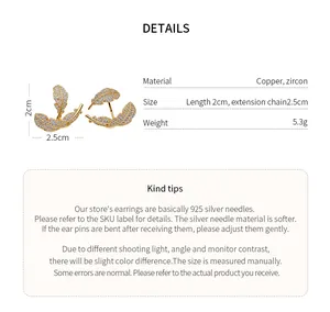 Detailed specs of 18k gold plated leaf earrings with zircons and 925 silver needles