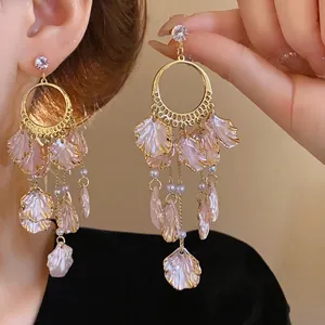 Pink Petal Zirconia Dangle Earrings With 925 Sterling Silver Earring Post Alloy Gold Pink Color Long Tassel Jewelry For Women