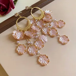 Elegant pink petal tassel earrings with gold hoops and sparkling zircon studs for women.
