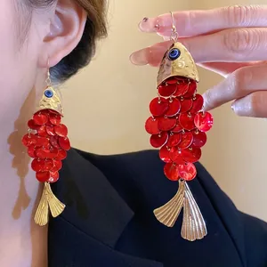 Koi Fish Shell Tassel Drop Earrings Bohemian Beach Vacation Style Rhinestone Evil Eye Gold Plated Alloy Earrings For Women