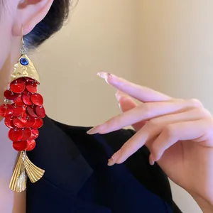 Elegant red shell koi fish dangle earrings with gold finish for seaside vacation style