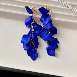 Vibrant blue layered petal tassel clip-on earrings with gold-tone hardware for women