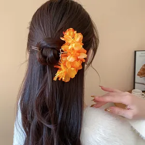Elegant orange fabric flower hair fork accessory for stylish and sweet women's bun hairstyles