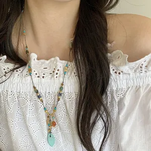Collana Etnica Boho con Pendente in Turchese e Perline Lega Fatta a Mano Vintage Collana Lunga Gioielli Accessori da Donna