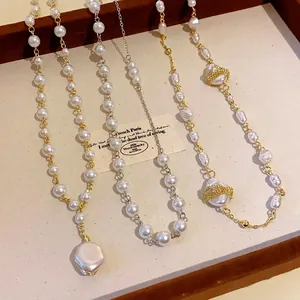 Elegant French style irregular pearl necklace for women, versatile long sweater chain