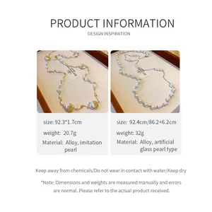 Detailed specifications for luxury irregular pearl and glass pearl long necklaces.