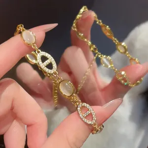 Korean Style Geometric Inlaid Rhinestone Bracelet With Artificial Cat Eye Stone For Women High-End Temperament Jewelry Accessory