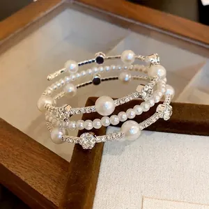 French Style Multi-layer Artificial Pearl Rhinestone Bracelet Minimalist Elegant Silver Bangle Fashion Women Accessories