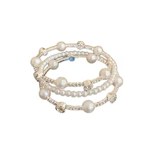 French style elegant multi-layer bracelet with pearls and sparkling white rhinestones