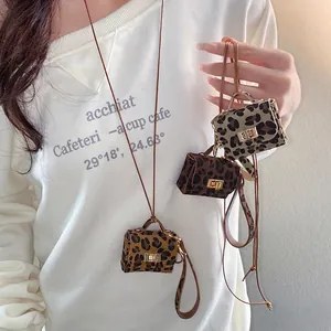 Leopard print mini bag pendant necklace with detachable leather strap accessory