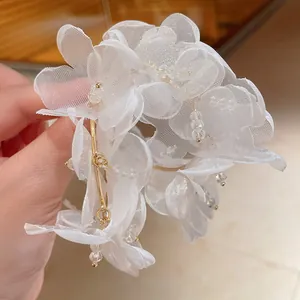 Vista detallada de pendientes de flores de malla blanca con cuentas de cristal