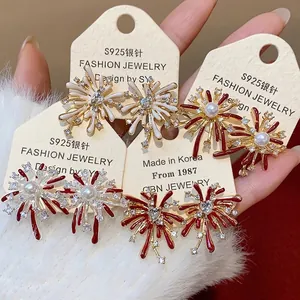 Orecchini a Bottone Fuochi d'Artificio di Capodanno per Donna Squisiti in Rame Zirconia Perla Artificiale Con Perno in Argento Sterling 925 Gioielli Festivi