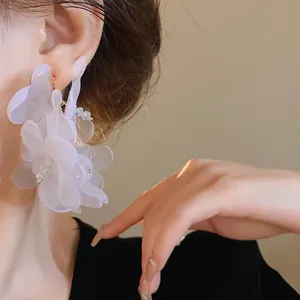 Primer plano de elegantes pendientes de flores de malla blanca con cuentas de cristal en modelo