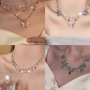 Butterfly Artificial Pearl Zirconia Pendant Necklace For Women Alloy Drip Oil Clavicle Chain Choker Fashion Jewelry Gift