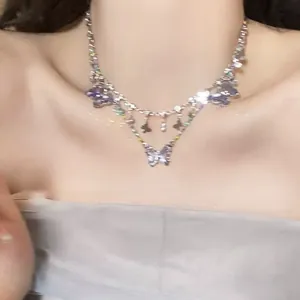 Elegant butterfly choker necklace with purple zircon and pearls for women fashion